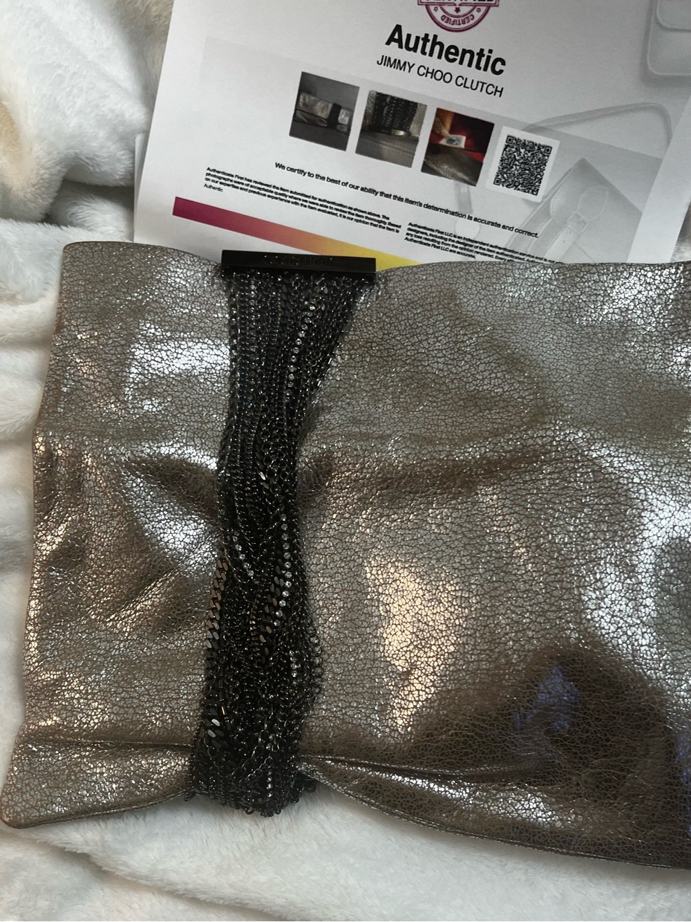 Jimmy Choo Chain-Link Suede Chandra Clutch Gray And Black Chain Authentic COA - Picture 10 of 15